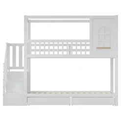 Redom Lit superposé 90x200 cm en bois massif avec tiroirs intégrés, échelle sécurisée et design maison ludique*Enfant Lit Enfant
