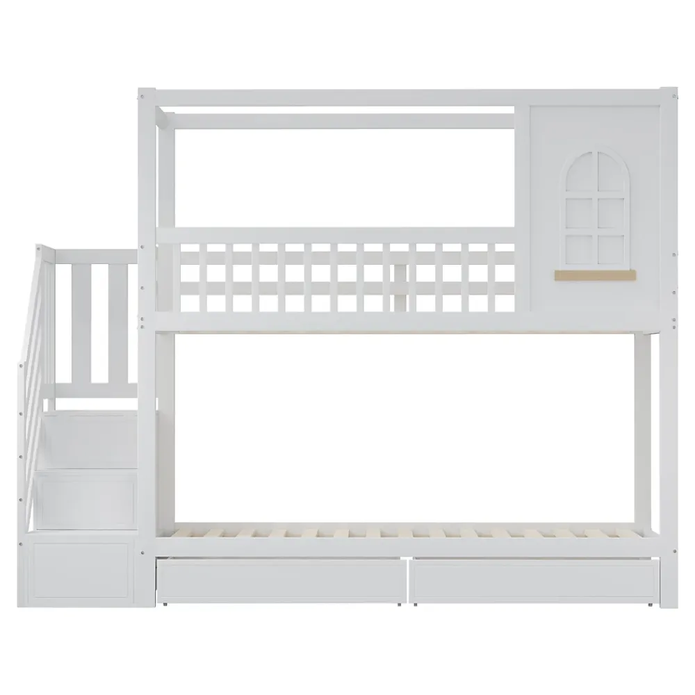 Redom Lit superposé 90x200 cm en bois massif avec tiroirs intégrés, échelle sécurisée et design maison ludique*Enfant Lit Enfant
