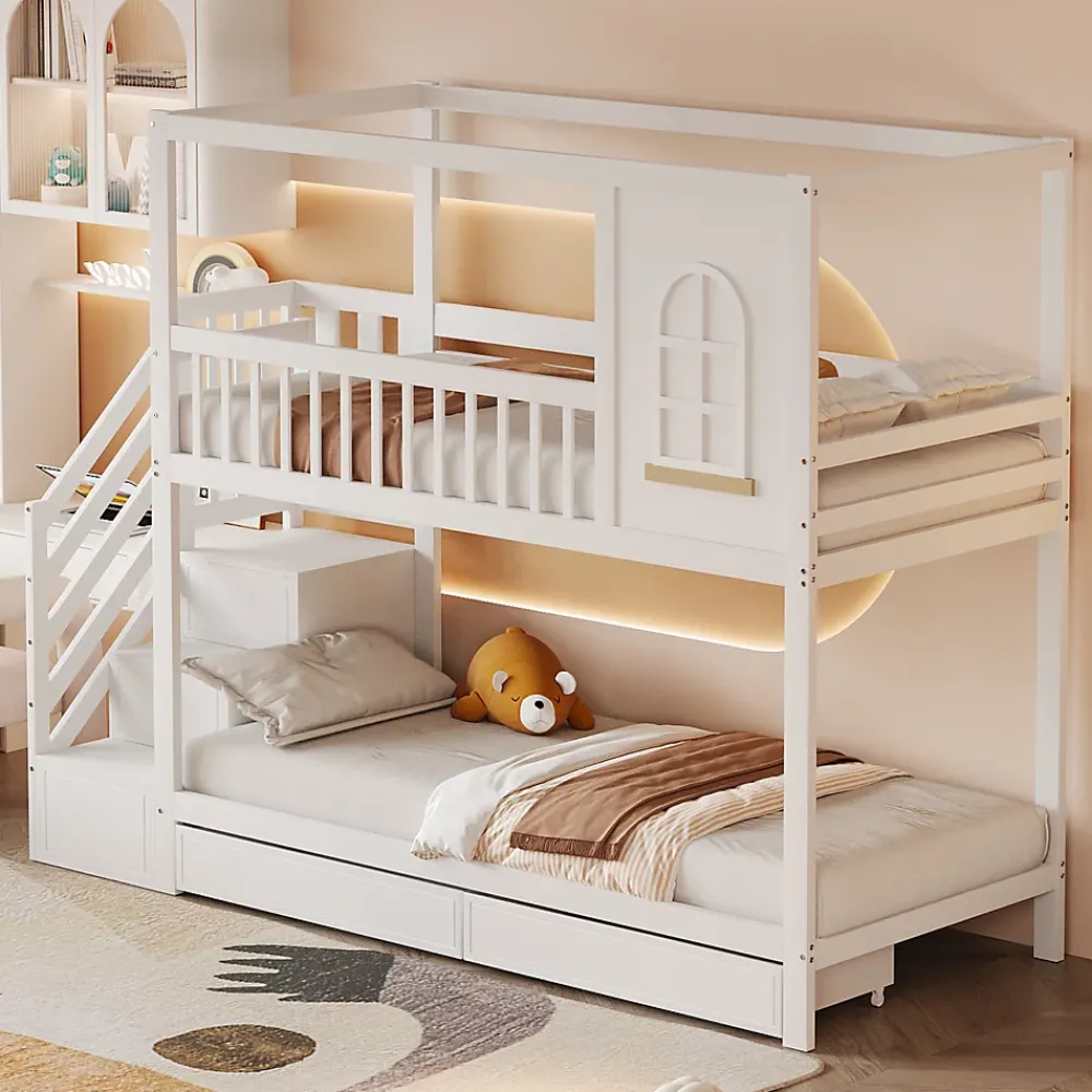 Redom Lit superposé 90x200 cm en bois massif avec tiroirs intégrés, échelle sécurisée et design maison ludique*Enfant Lit Enfant