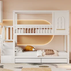 Redom Lit superposé 90x200 cm en bois massif avec tiroirs intégrés, échelle sécurisée et design maison ludique*Enfant Lit Enfant