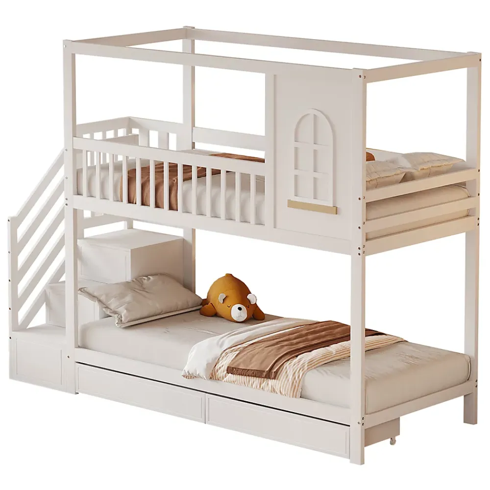 Redom Lit superposé 90x200 cm en bois massif avec tiroirs intégrés, échelle sécurisée et design maison ludique*Enfant Lit Enfant