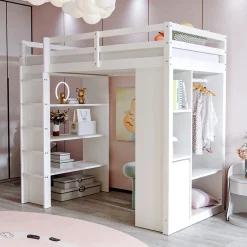 Redom Lit superposé 90x200 cm en bois massif avec étagères multiples et organiseur roulant amovible, blanc*Enfant Lit Enfant
