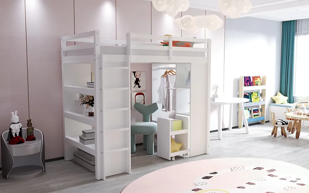 Redom Lit superposé 90x200 cm en bois massif avec étagères multiples et organiseur roulant amovible, blanc*Enfant Lit Enfant