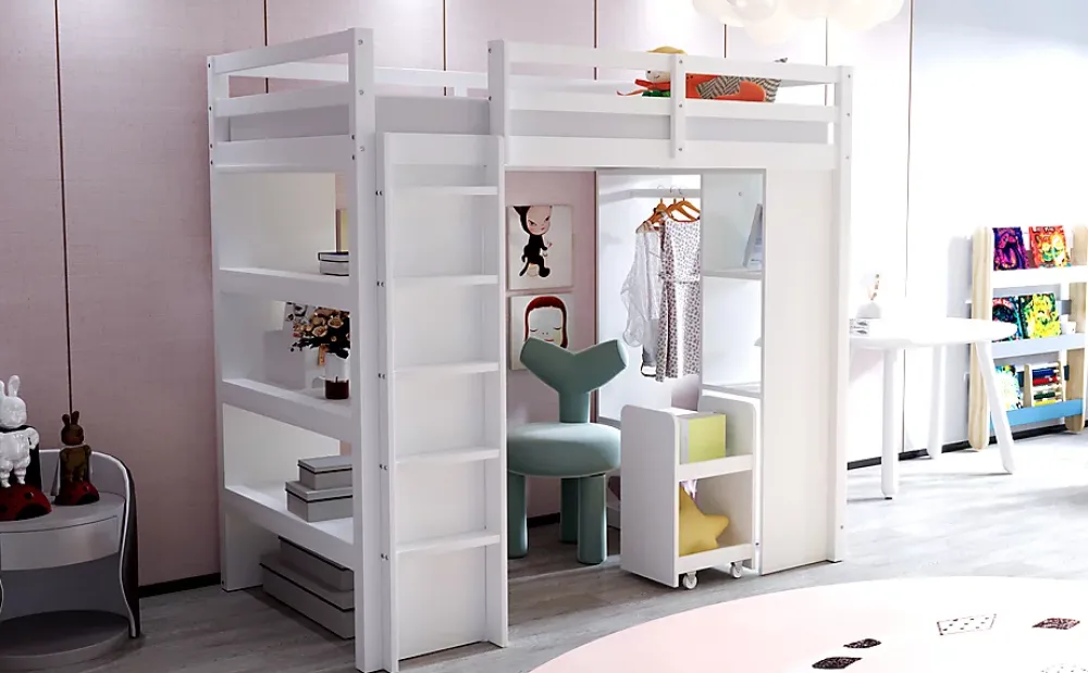Redom Lit superposé 90x200 cm en bois massif avec étagères multiples et organiseur roulant amovible, blanc*Enfant Lit Enfant