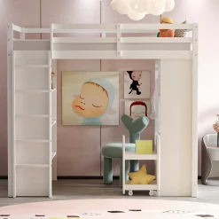 Redom Lit superposé 90x200 cm en bois massif avec étagères multiples et organiseur roulant amovible, blanc*Enfant Lit Enfant
