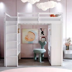 Redom Lit superposé 90x200 cm en bois massif avec étagères multiples et organiseur roulant amovible, blanc*Enfant Lit Enfant