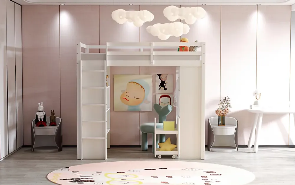 Redom Lit superposé 90x200 cm en bois massif avec étagères multiples et organiseur roulant amovible, blanc*Enfant Lit Enfant