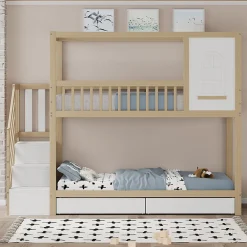 Lit superposé 90x200 cm en bois massif avec tiroirs de rangement et échelle intégrée sécurisée>Redom Online