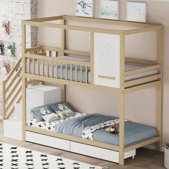 Lit superposé 90x200 cm en bois massif avec tiroirs de rangement et échelle intégrée sécurisée>Redom Online