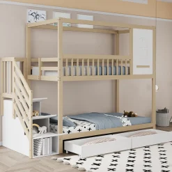 Lit superposé 90x200 cm en bois massif avec tiroirs de rangement et échelle intégrée sécurisée><noscript><img width=