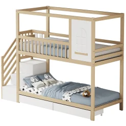 Lit superposé 90x200 cm en bois massif avec tiroirs de rangement et échelle intégrée sécurisée><noscript><img width=