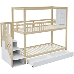Lit superposé 90x200 cm en bois massif avec tiroirs de rangement et échelle intégrée sécurisée><noscript><img width=