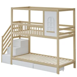 Lit superposé 90x200 cm en bois massif avec tiroirs de rangement et échelle intégrée sécurisée><noscript><img width=