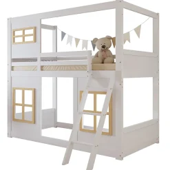 Okwish Lit superposé 90x200 cm enfant avec échelle sécurisée et barrières de protection, bois pin+MDF blanc+naturel*Enfant Lit Enfant