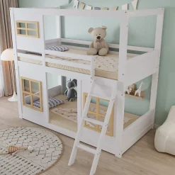 Okwish Lit superposé 90x200 cm enfant avec échelle sécurisée et barrières de protection, bois pin+MDF blanc+naturel*Enfant Lit Enfant