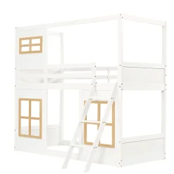Okwish Lit superposé 90x200 cm enfant avec échelle sécurisée et barrières de protection, bois pin+MDF blanc+naturel*Enfant Lit Enfant