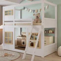 Okwish Lit superposé 90x200 cm enfant avec échelle sécurisée et barrières de protection, bois pin+MDF blanc+naturel*Enfant Lit Enfant
