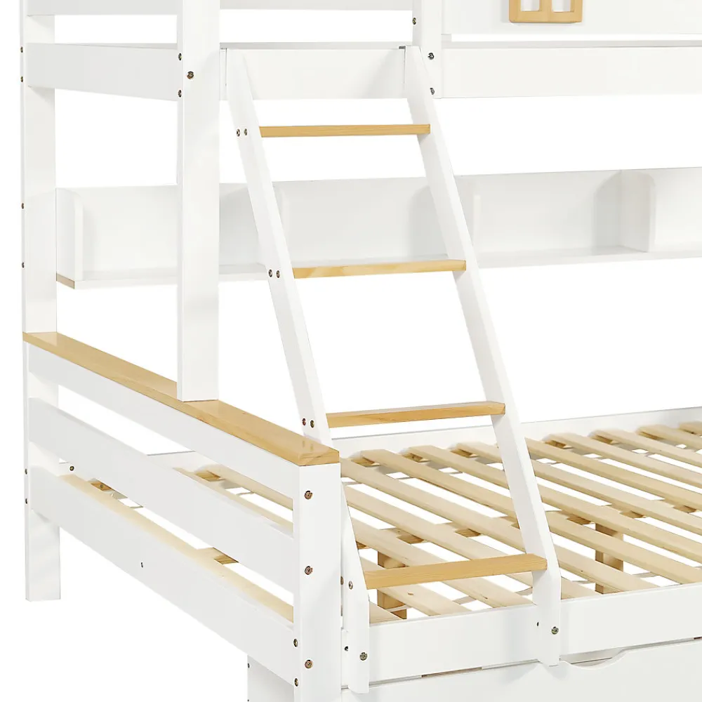 Lit superposé 90x200 cm, fenêtres, 4 étagères, sécurité, échelle 4 marches, cadre bois>Fortuna lai Hot
