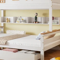 Lit superposé 90x200 cm, fenêtres, 4 étagères, sécurité, échelle 4 marches, cadre bois><noscript><img width=