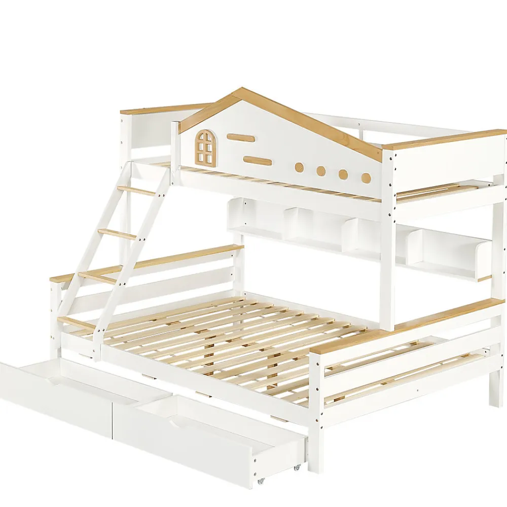 Lit superposé 90x200 cm, fenêtres, 4 étagères, sécurité, échelle 4 marches, cadre bois>Fortuna lai Hot