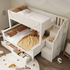 Lit Superposé 140x200 cm, Lit Enfant avec Échelle et Rangement Tiroirs, Bois Massif et MDF, Blanc>Okwish