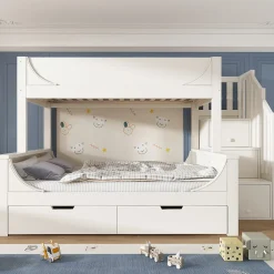 Lit Superposé 140x200 cm, Lit Enfant avec Échelle et Rangement Tiroirs, Bois Massif et MDF, Blanc>Okwish