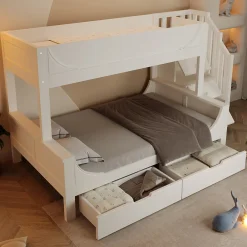 Lit Superposé 140x200 cm, Lit Enfant avec Échelle et Rangement Tiroirs, Bois Massif et MDF, Blanc><noscript><img width=