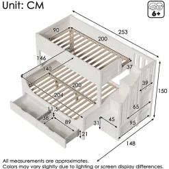Lit Superposé 140x200 cm, Lit Enfant avec Échelle et Rangement Tiroirs, Bois Massif et MDF, Blanc><noscript><img width=