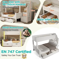 Lit Superposé 140x200 cm, Lit Enfant avec Échelle et Rangement Tiroirs, Bois Massif et MDF, Blanc><noscript><img width=