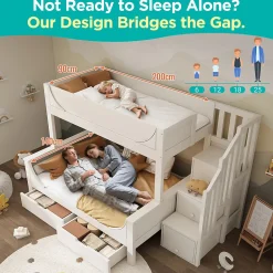 Lit Superposé 140x200 cm, Lit Enfant avec Échelle et Rangement Tiroirs, Bois Massif et MDF, Blanc><noscript><img width=