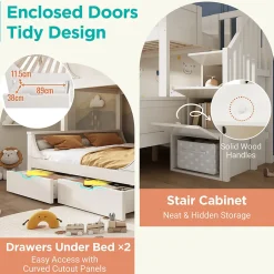 Lit Superposé 140x200 cm, Lit Enfant avec Échelle et Rangement Tiroirs, Bois Massif et MDF, Blanc><noscript><img width=