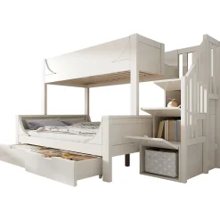 Lit Superposé 140x200 cm, Lit Enfant avec Échelle et Rangement Tiroirs, Bois Massif et MDF, Blanc><noscript><img width=