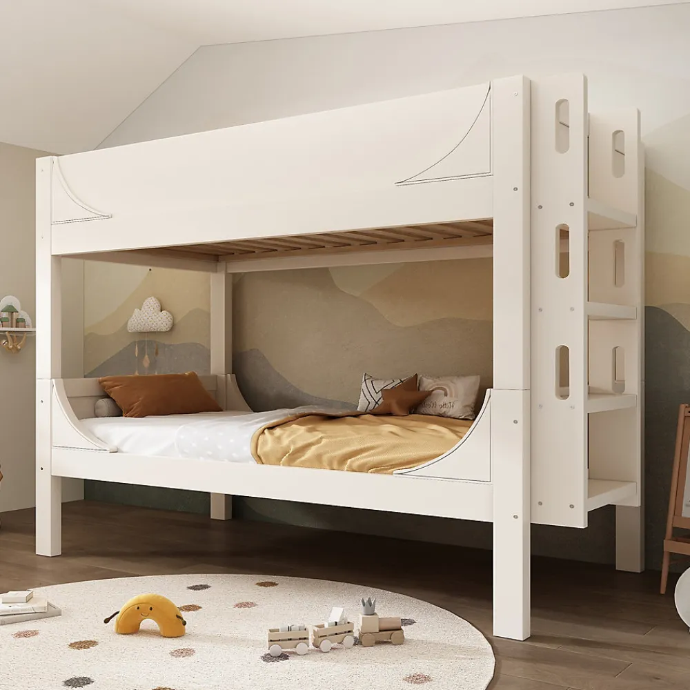Lit Superposé 90x200 cm, Lit Enfant Démontable en 2 Lits Simples avec Échelle, Bois Massif + MDF, Blanc>Okwish New
