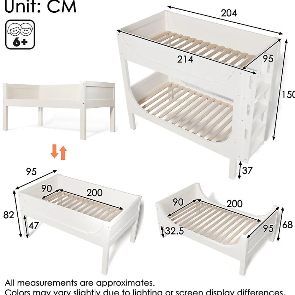 Lit Superposé 90x200 cm, Lit Enfant Démontable en 2 Lits Simples avec Échelle, Bois Massif + MDF, Blanc>Okwish New