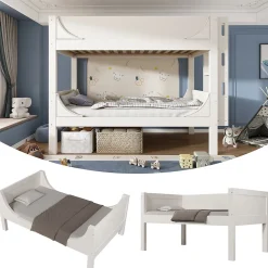 Lit Superposé 90x200 cm, Lit Enfant Démontable en 2 Lits Simples avec Échelle, Bois Massif + MDF, Blanc><noscript><img width=