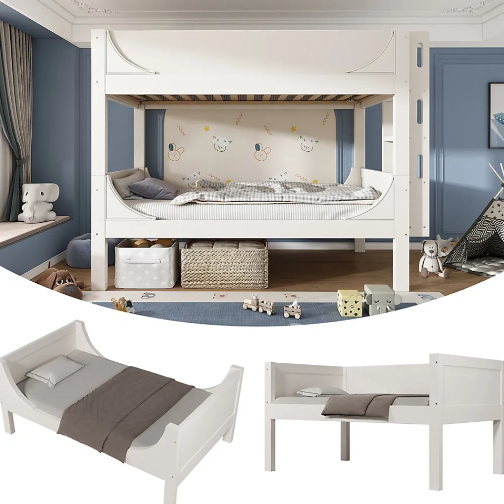 Lit Superposé 90x200 cm, Lit Enfant Démontable en 2 Lits Simples avec Échelle, Bois Massif + MDF, Blanc>Okwish New