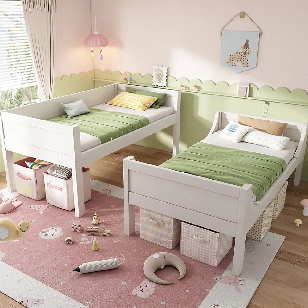 Lit Superposé 90x200 cm, Lit Enfant Démontable en 2 Lits Simples avec Échelle, Bois Massif + MDF, Blanc>Okwish New