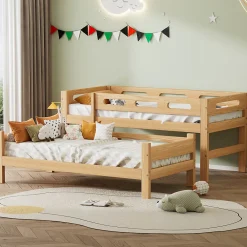 Lit superposé 90x200 cm naturel, 2 couchages, séparable en lits simples, cadre pin stable, sommier à lattes, montage facile><noscript><img width=
