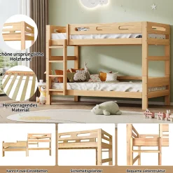Lit superposé 90x200 cm naturel, 2 couchages, séparable en lits simples, cadre pin stable, sommier à lattes, montage facile><noscript><img width=