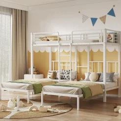 Lit superposé 90x200 cm pour 3 personnes avec échelle intégrée et tablette tête de lit, structure métal blanc>Redom