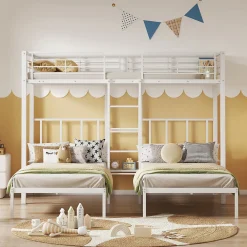 Lit superposé 90x200 cm pour 3 personnes avec échelle intégrée et tablette tête de lit, structure métal blanc>Redom