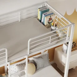 Lit superposé 90x200 cm pour 3 personnes avec échelle intégrée et tablette tête de lit, structure métal blanc><noscript><img width=