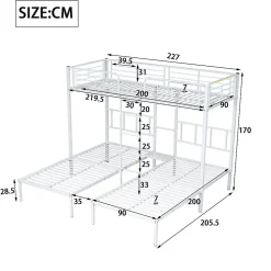 Lit superposé 90x200 cm pour 3 personnes avec échelle intégrée et tablette tête de lit, structure métal blanc><noscript><img width=