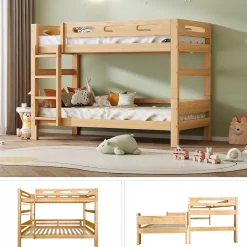 Redom Lit superposé 90x200 cm séparable en 2 lits simples, structure bois massif naturel, montage facile*Enfant Lit Enfant
