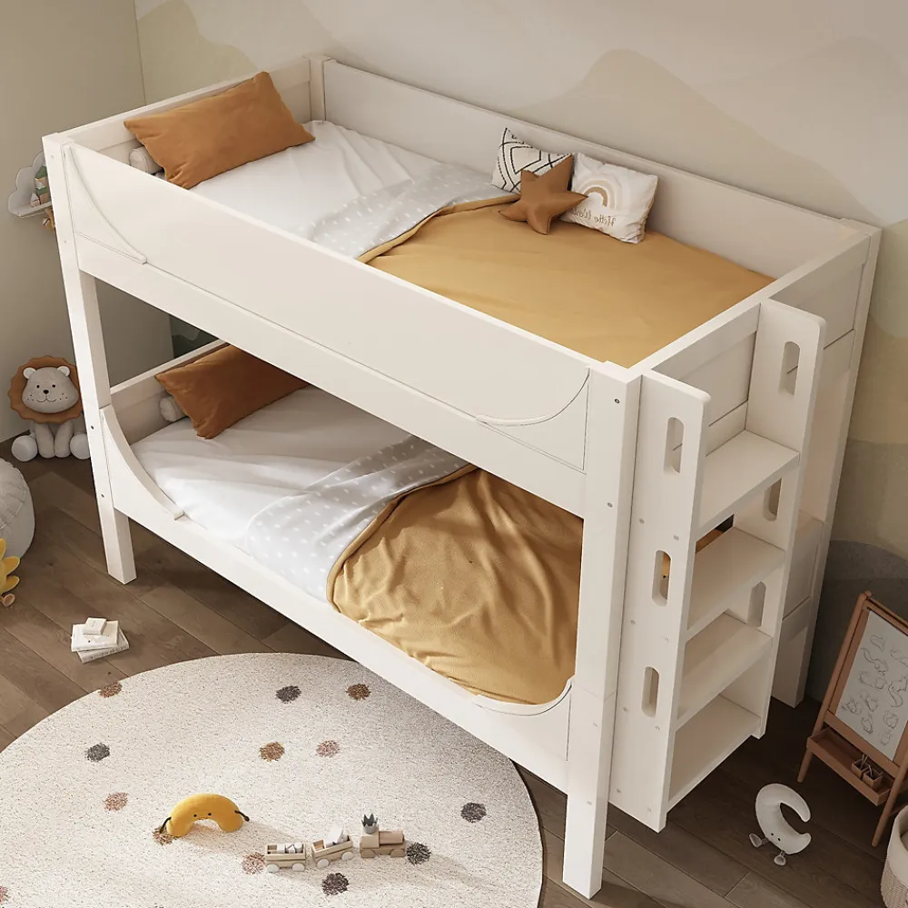 Lit superposé 90x200 cm séparables avec échelle amovible et design luge en bois et métal, blanc>Redom New