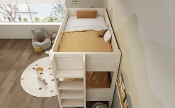 Lit superposé 90x200 cm séparables avec échelle amovible et design luge en bois et métal, blanc>Redom New