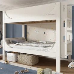Lit superposé 90x200 cm séparables avec échelle amovible et design luge en bois et métal, blanc><noscript><img width=