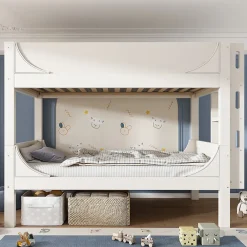 Lit superposé 90x200 cm séparables avec échelle amovible et design luge en bois et métal, blanc><noscript><img width=