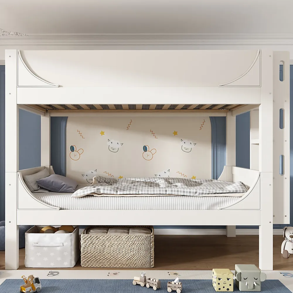Lit superposé 90x200 cm séparables avec échelle amovible et design luge en bois et métal, blanc>Redom New