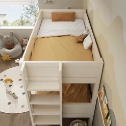 Lit superposé 90x200 cm séparables avec échelle amovible et design luge en bois et métal, blanc><noscript><img width=